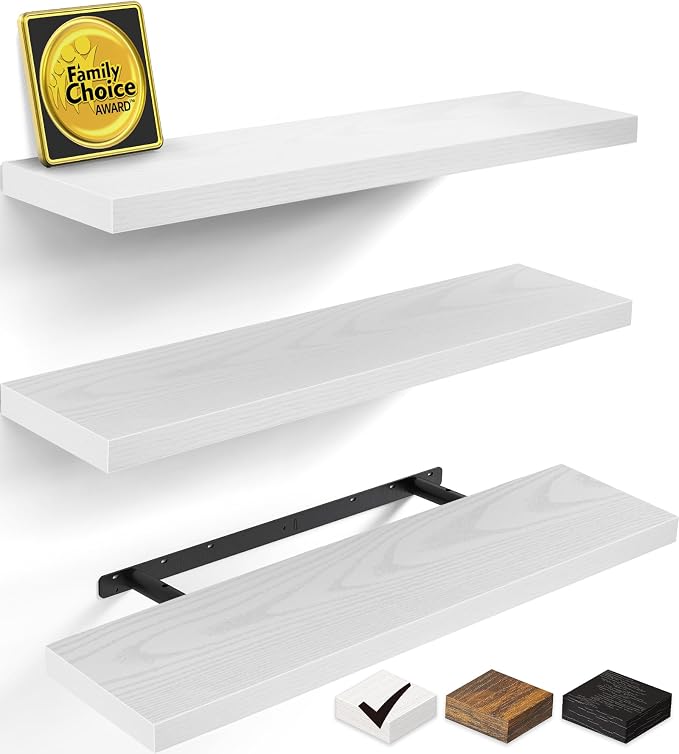 BAYKA White Floating Shelves 35.4in, Set of 3, Wall Mount Rustic Wood Shelf | Easy Install, 22lbs Max Load, Hidden Bracket, Hanging Shelf for Living Room Bathroom Bedroom Kitchen Display Storage Decor