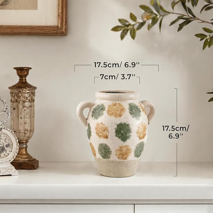 DOWAN Ceramic Flower Vase, Decorative Pampas Vase for Home Decor, Modern Farmhouse Pottery Vase for Living Room Table Kitchen Bedroom Coffee Desk Entryway Mantel Book Shelf (Green Crackle, 6.9 INCH)