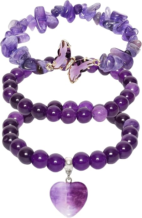 Healing Crystal Beaded Bracelet for Women Amethyst Gemstone Anxiety Stress Relief Charm Bracelet Butterfly Heart Charm Healing Stone Jewelry Gifts for Birthday Mothers Day Valentine