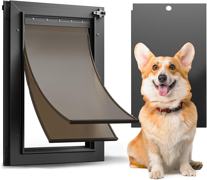 Dog Door for Door, Doggy Door Doggie Door, Medium Dog Door All Aluminum Black, Heavy Duty Pet Door, Double Magnetic Flaps, Thermal Tnsulation, Energy Efficient, Sliding Lock Panel (Pets Up to 45Lb) | Aluminum Alloy Frame, Upgraded Magnetic Flaps, Therm...