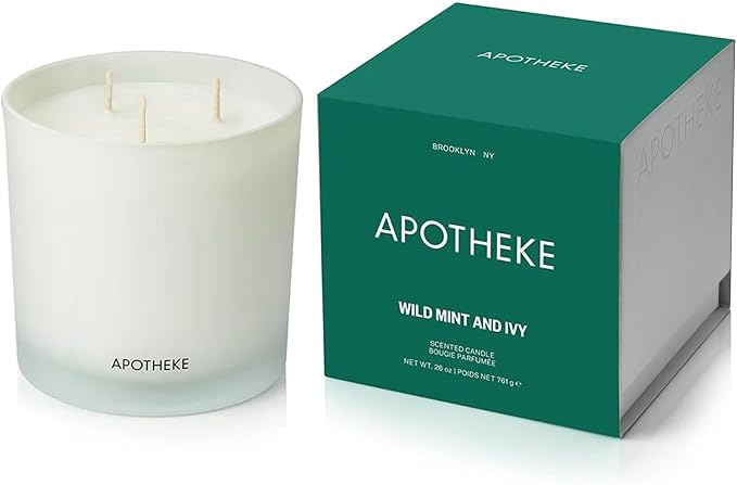 Apotheke 3-Wick Scented Candles for Home, Wild Mint & Ivy - 26 oz Soy Wax Jar Candle Gift for Women - Long-Lasting Fragrance with Perfume-Grade Essential Oils - Eucalyptus, Patchouli, Cedarwood & Rose