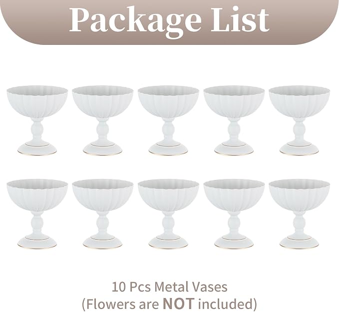 Sziqiqi White Urn Vase for Centrepieces, Wedding Compote Vase, 10Pcs | 7.9in Tall Metal Flower Arrangements, Vase for Centrepieces Floral Planter, Decorative Footed Bowl, For Party, Event