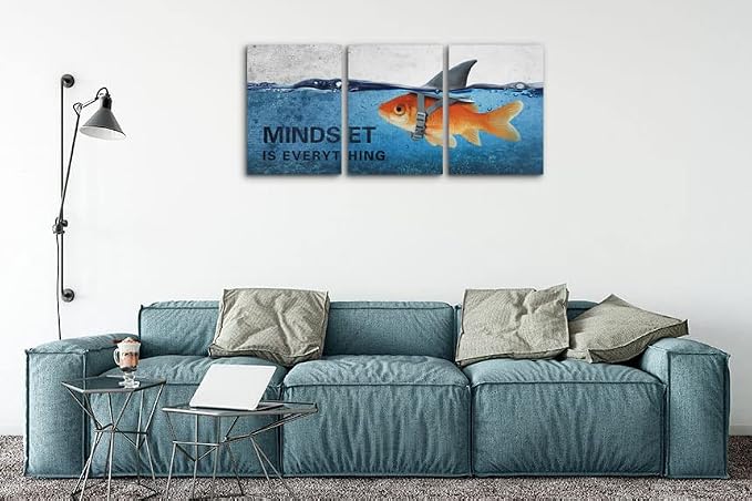 3 Panels Modern Framed Inspirational Canvas Wall Art Goldfish Body Strong Shark Heart Mindset is Everything Motivational Wooden Decor Posters for Office Gym Classroom Home Decoration(60''W x 28''H)
