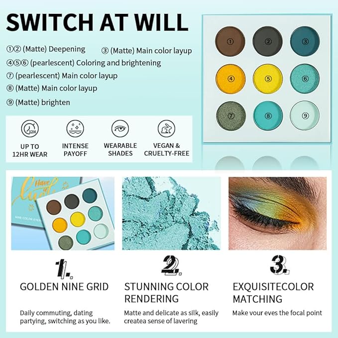 9-Color Eyeshadow Palette – High Pigment Matte Shimmer Glitter Eyeshadow Palette in Teal, Yellow, Olive & Brown, Long-Lasting Waterproof, Blendable for Creative & Everyday Looks