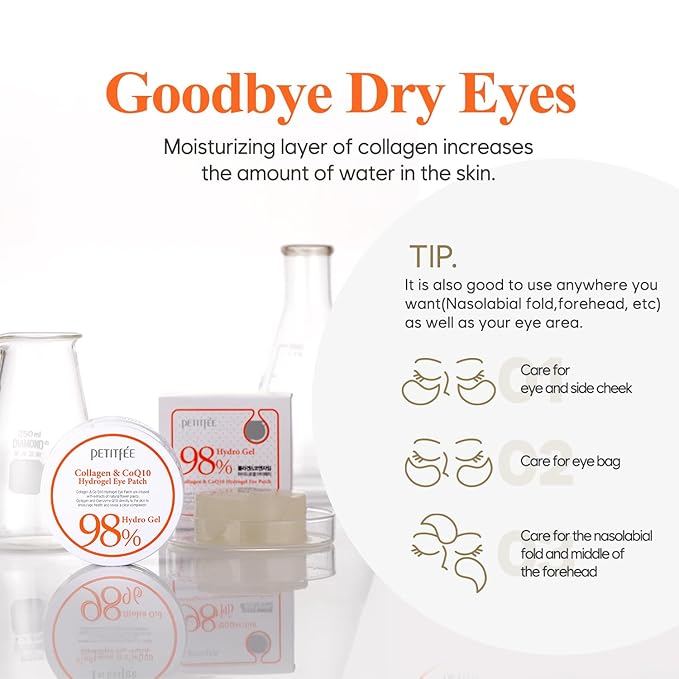 Petitfee Collagen & CoQ10 Hydrogel Eye Patch 60ea - Collagen Under Eye Mask for Intense Hydration, Skin Elasticity, CoenzymeQ10, Aloe Vera, Green Tea Extract for Puffy Eyes and Dark Circles