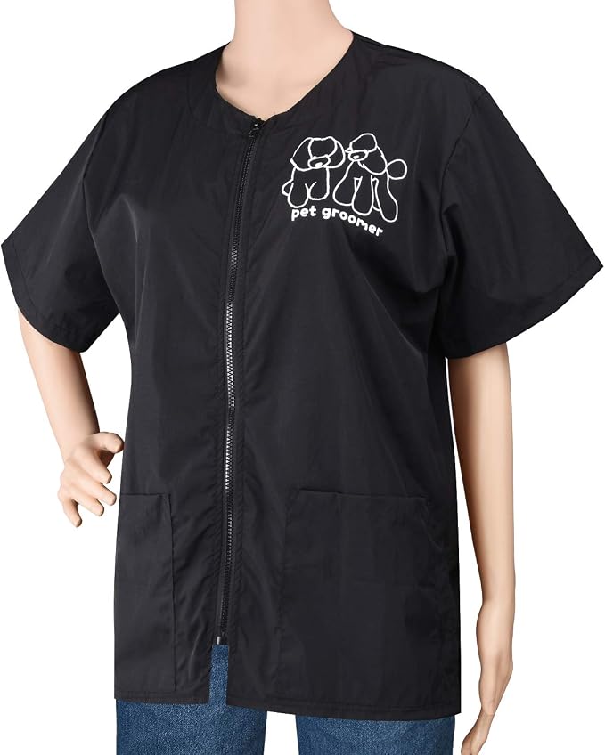 Noverlife Short Sleeves Pet Grooming Work Clothes with Full Zipper, 3XL Size, Splash Proof Anti-Static Pet Beautician Smock, Dog Cat Groomer Cosmetologist Uniforms for Pet Shop Men Women
