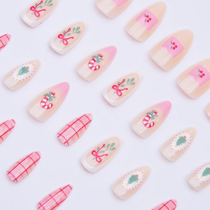 Christmas Press on Nails Bow Fake Nails Xmas Tree Glue on Nails Medium Almond False Nail Artificial Acrylic Glossy Full Cover Pink Stick on Nail for Women Manicure 24Pcs