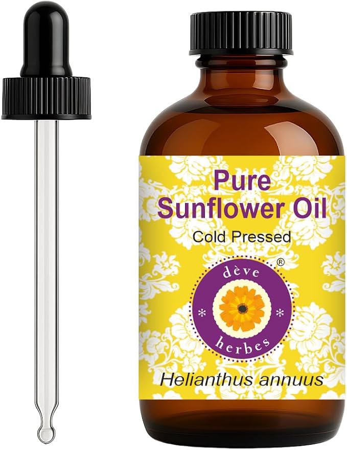 dève herbes Sunflower Oil (Helianthus annuus) with Glass Dropper | Cold Pressed | Pure | Natural | For Diluting Essential oils | For Skin & Massage | Non-Sticky| Lightweight| Unisex | 120ml (4 oz)