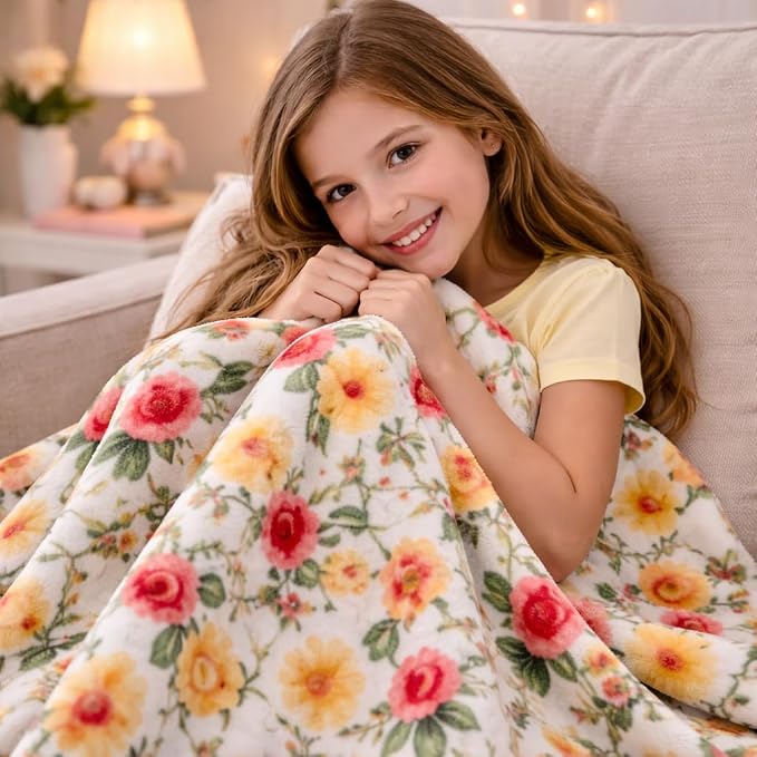 Spring Velvet Fleece Floral Throw Blanket: Golden Meadow of Pink Yellow Green Flowers on a Colorful Soft Cozy White Design, Oversized 50" x 70"