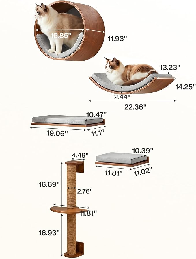 Tribesigns Solid Wood Cat Wall Shelves, 5 in 1 Cat Wall Furniture Set | Wood Cat Climbing Wall with Scratching Post, Bed, Stable and Safe, Wall Mounted Cat Tree, Space-Saving, Easy Assembly, Walnut