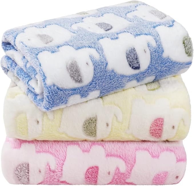 LINENLUX Dog Blankets 3-Pack, Super Soft Fluffy Fleece Pet Throw Warm | Premium flannel fleece pet throw for cats, puppy. Cozy warm for bed, crate, or couch naps; Elephant Pattern-3pcs 31x20 inch