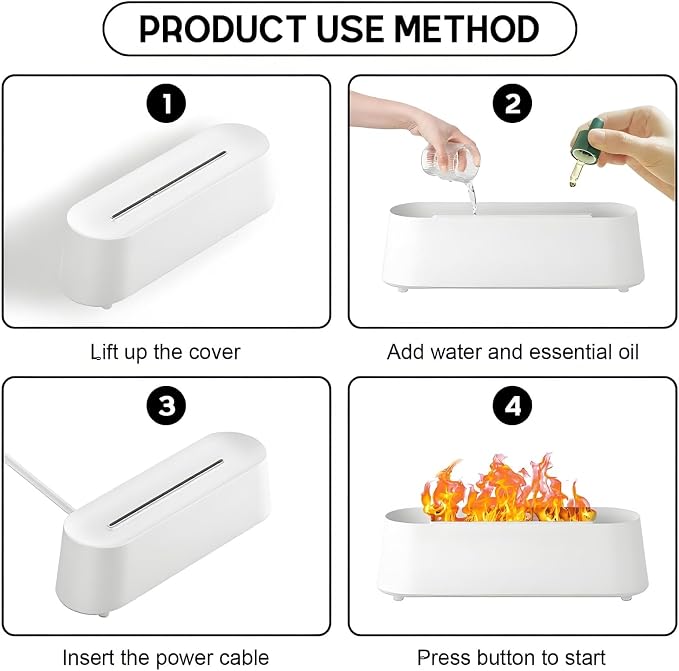 Fireplace Flame Diffuser, Aromatherapy Essential Oil Diffuser, 300ml Cool Mist Ultrasonic Humidifier for Bedroom,Office,Home,Yoga, Timer & Auto Shut-Off, 7 Colorful Night Light (White)