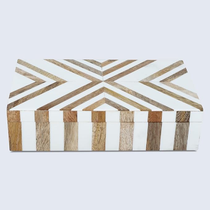 Handicrafts Home Decorative Storage Box with Lid Wooden Storage Organizer Box Multi Purpose Storage Box for Coffee Table Desk Shelf – Resin Inlay Marquet Chevron Collection - 10x6x2.5