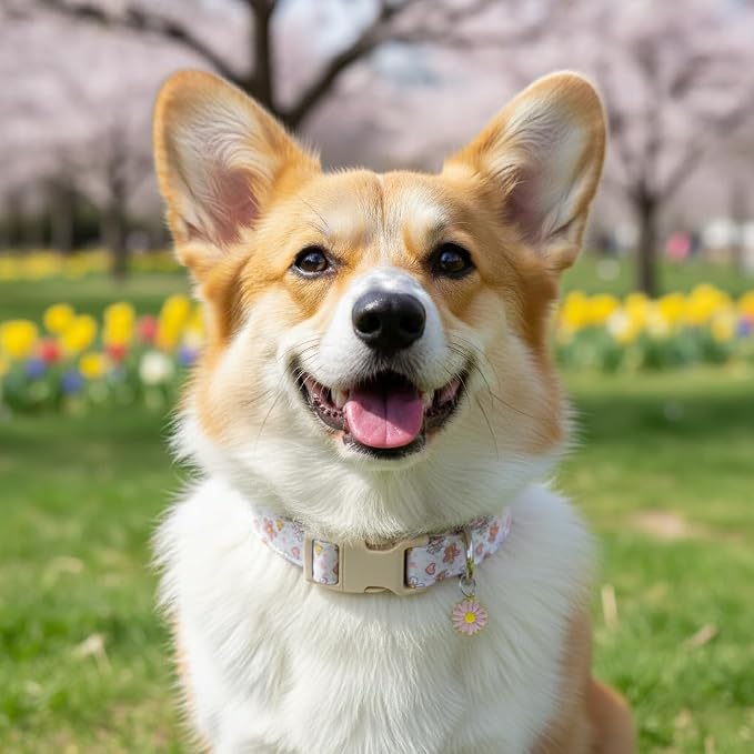 Dog Collar, Floral Dog Collar with Flower Daisy Pattern, Spring Summer Design for Small Medium Dogs, M