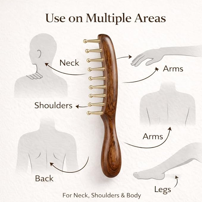 Scarab Acupressure Tool & Wooden Gua Sha Comb Set, Sandalwood Facial Massage Tools with Brass Beads for Face, Jawline, Scalp & Eye Care, Relaxation & Self Care Gift Set