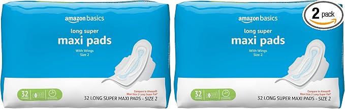 Amazon Basics Feminine Maxi Pads with Flexi-Wings for Periods, Long Length, Super Absorbency, Unscented, Size 2, 32 Count, (Previously Solimo) (Pack of 2)