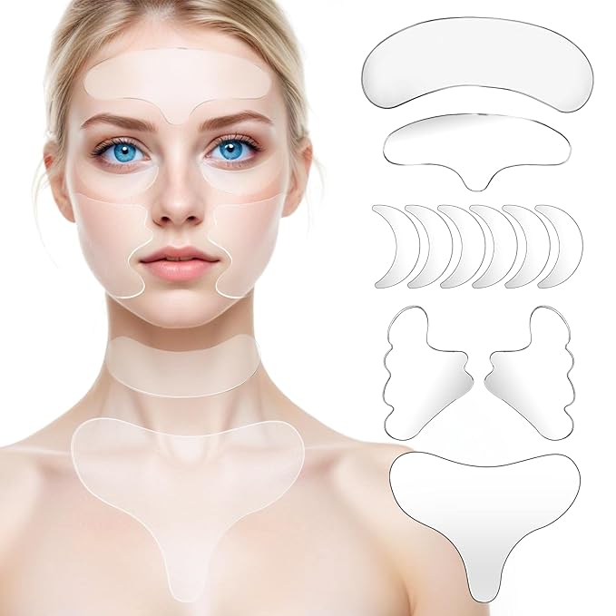 Dimeho 11 Pcs Neck Wrinkle Patches Reusable Silicone Forehead Wrinkle Mask No Adhesive Under Eye Pad for Plump Wrinkles Skin Lines Overnight Beauty Eyecare Cream Applicator while Sleeping