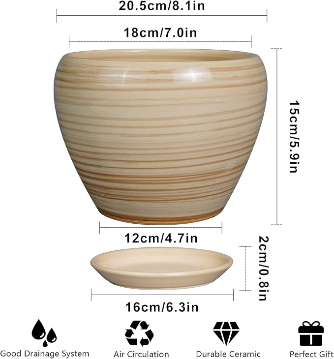 Ceramicfor Planter 8 Inch - Indoor/Outdoor Ceramic Plant Pot With Drainage Hole and Saucer, Round Modern Flower Planter for Succulents, House, Patio - Yellow