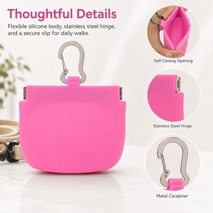 Silicone Dog Treat Pouch for Pet Training One-Hand Access One Cup Silicone Treat Bag with Pull Tab and Auto Closing Lid Treat Pouches for Leash(Color: Pink)