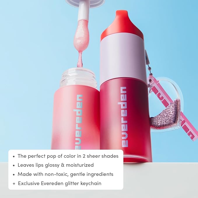Evereden Kids Tinted Non Toxic Lip Gloss Gift Set: Ruby Red & Sakura Pink, Non Toxic and Vegan Makeup for Kids - Hydrating Lip Gloss with Cherry, Peach, & Cranberry Oils - Gift Set with a Box
