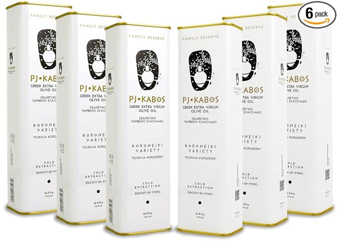 P.J. KABOS 2024/25 Harvest, High Phenolic (450+mg/kg), Premium Greek Extra Virgin Olive Oil, Kosher, Greece, Cold Extracted, 6 x 16.9 oz Tin, Koroneiki, "Family Reserve - Medium"