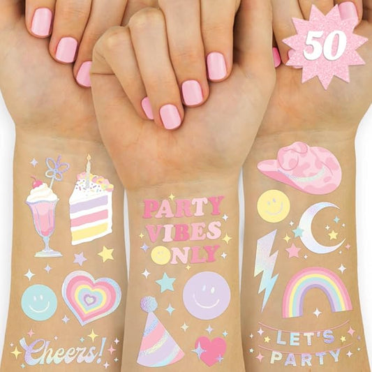 xo, Fetti Pastel Rainbow Temporary Tattoos - 50 Iridescent Foil Styles | Preppy Birthday Party Supplies, Smiley Party Favors, Party Vibes Only