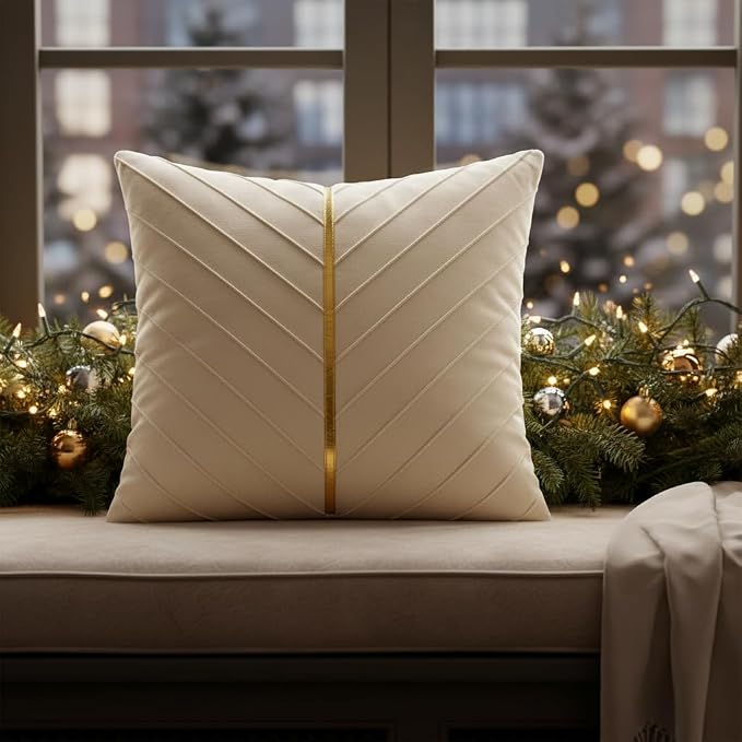 Velvet Throw Pillow Covers 18x18 inch Pack of 2 Gold Decor Cream | Soft Solid Pillow Covers,Modern Luxury Home Decor,for Couch Chair Sofa Bedroom Livingroom,Hidden Zipper,Ideal Gift,Easy Care