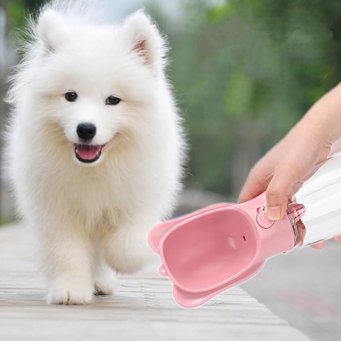 Pet Cat Puppy Dog Travel Water Bottle Dispenser with Food Container, Portable Dog Water Bottle for Walking Hiking Outdoor, Pink, 350ml/12oz