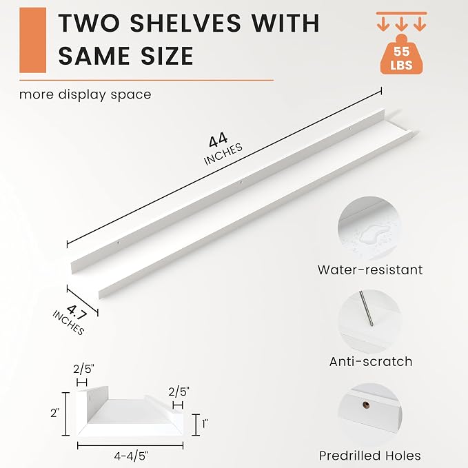Picture Ledge Shelf, Floating Shelves for Wall, 44" W Set of 2, White | FSC Certified Engineered Wood, Wall Mounted Bookshelf, for Nursery Living Room Bedroom, Pre-Drilled, Easy Install