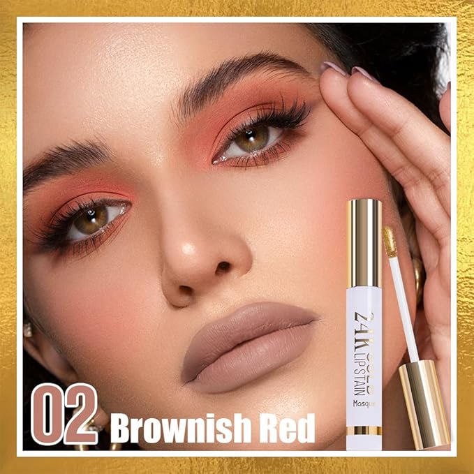All Day Lip Stain Peel Off Gold Liquid Lip Gloss Tattoo, Brownish Red Matte Finish Peel Off Lip Stain Masque, Long Lasting Waterproof Lip Tint, Transfer-proof for All Skin Types 02#
