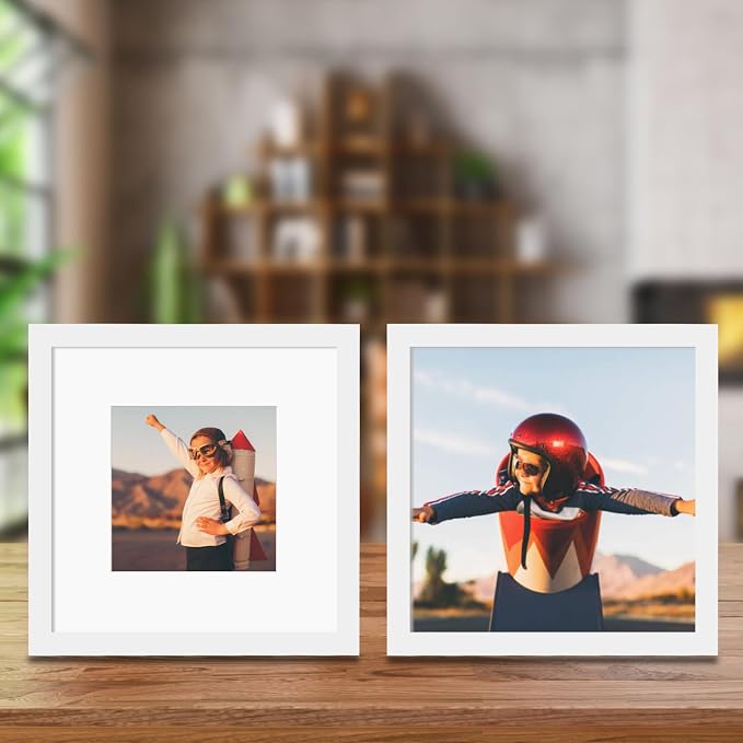 8x8 Picture Frame Set of 9, Display Pictures 4x4 with Mat or 8x8 without Mat, Multi Collage Gallery Square Photo Frames for Wall or Tabletop, White