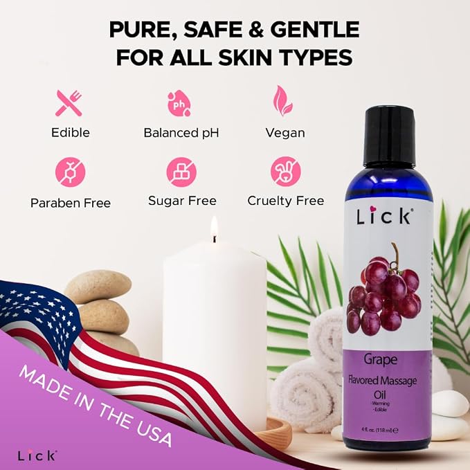 Lick Grape Flavored Massage Oil – Sweet Fruit Edible Massage Oil with Sweet Almond Oil & Vitamin E, Smooth Glide for Relaxing Couples Massage Sessions, 4 oz