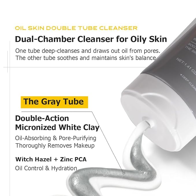 Dual-Tube Facial Cleanser, Amino Acid & Clay Face Wash for Oily Sensitive Skin, 2-in-1 Deep Pore Foam for Oil Control & Blackheads, Makeup Remover
