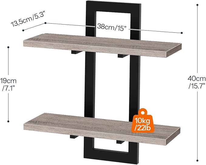 HOOBRO Floating Shelves, 15 Inch Wall Shelf Set of 4, Wall Mounted Storage Shelves 2-Tier, Hanging Bathroom Shelves, for Living Room, Bedroom, Bathroom, Kitchen, Greige and Black BG32BJP401
