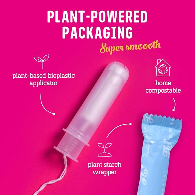Flo - Organic Cotton Tampons for Women - 64 Pack (64 Super Tampons) - Leak Proof - No Synthetic Fibers, Chlorine Bleach, or Added Dyes - Bio-Plastic Applicator - Feminine Care - Vegan & Cruelty Free
