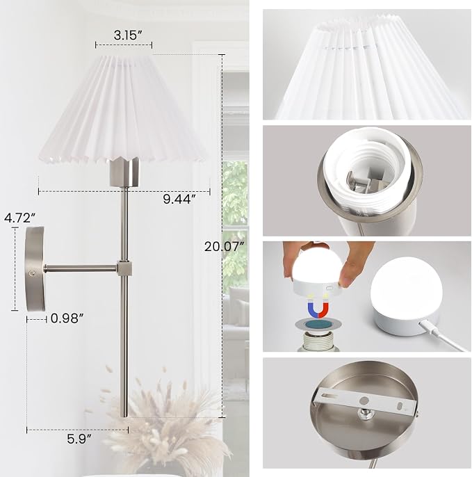 Wireless Wall Sconce Sets of 2, Pleated Shades Rechargeable Battery Operated Wall Sconce, Retro Industrial Brushed Nickel Bathroom Vanity Lights, Wall Mounted Lamps for Bedroom Living Room Hallway