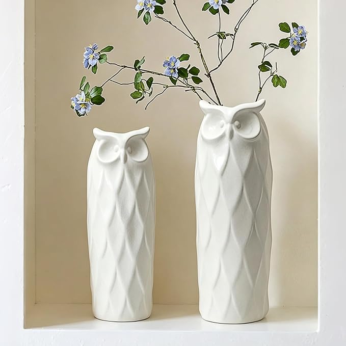 Owl Ceramic Vase Set of 2 for Living Room Bedroom 9.45'' and 8.27'' Modern White Fake Flower Plant Vases for Home Decor Office Table Shelf Fireplace Retro Rustic Farmhouse Vintage Classic Gift