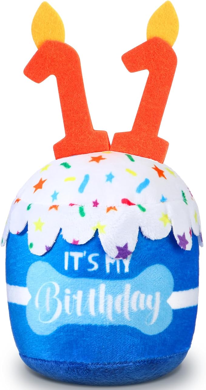 Dansydaisy Dog Birthday Cake Toy Squeaky Plush Gift,11th,Blue