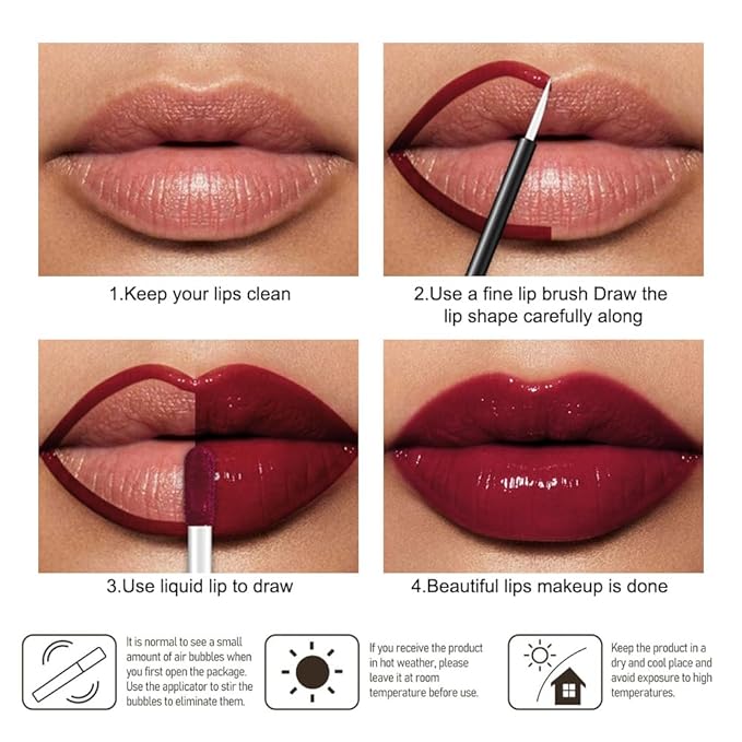 evpct Wine Red Shiny Glossy Longwear No-Budge Liquid Lip Color Lipstick Makeup, Highly Pigmented Color Instant Shine, Waterproof Long Lasting Lipstick for Women, Lip Stain Gloss with Lip Liner Brush