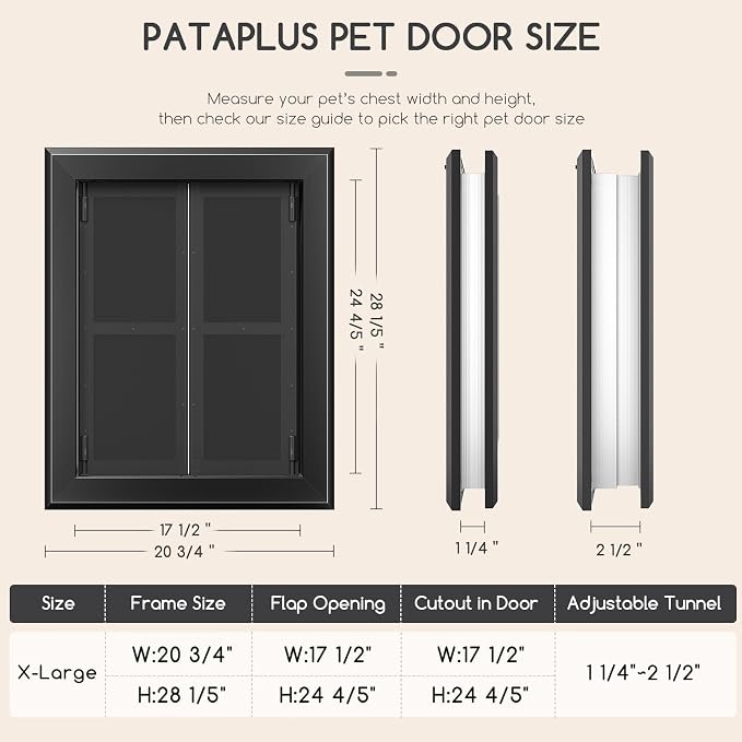 Extra Large Heavy Duty Aluminum Dog Door, Gray for 200 LBS Dogs | French Aluminum Dog Door with Double Magnetic Flaps & telescoping Tunnel, Sturdy Frame for Dogs up to 200 LBS
