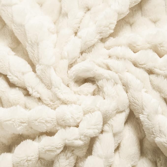 Vessia Flannel Fleece Throw Blanket(50x70 inch), 3D Jacquard Cream Fuzzy and Warm Blanket for Couch,Sofa,Bed,Chair, 300GSM Super Soft Touch Cozy Lightweight Throw for All-Season Home Decor