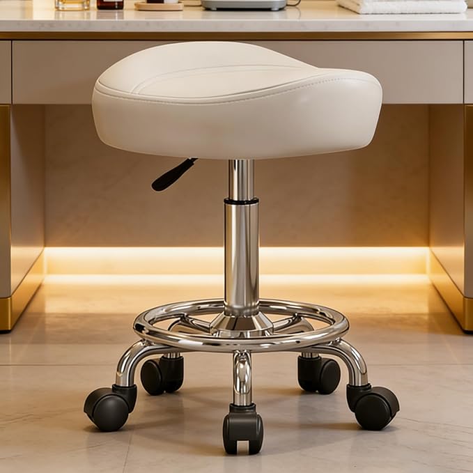Saddle Stool, Adjustable Height Ergonomic Swivel Chair with Wheels, PU Leather Saddle Seat with Ring Pedal for Salon, Massage, Clinic, Lab, and Office