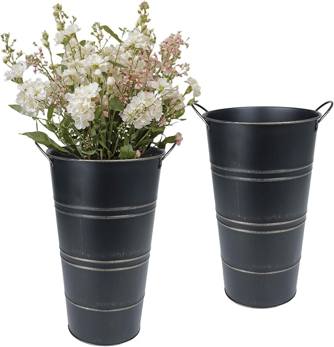12 Inch Galvanized Metal Vase, 2 Pack Tall Flower Buckets with Handles | Galvanized metal flower buckets with handles, rustic tall vase design for dried flowers, weddings, farmhouse and home decor.