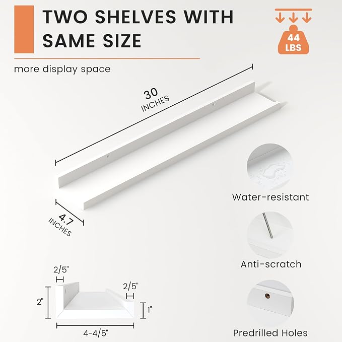 Picture Ledge Shelf, Floating Shelves for Wall, 30" W Set of 2, White | FSC Certified Engineered Wood, Wall Mounted Bookshelf, for Nursery Living Room Bedroom, Pre-Drilled, Easy Install
