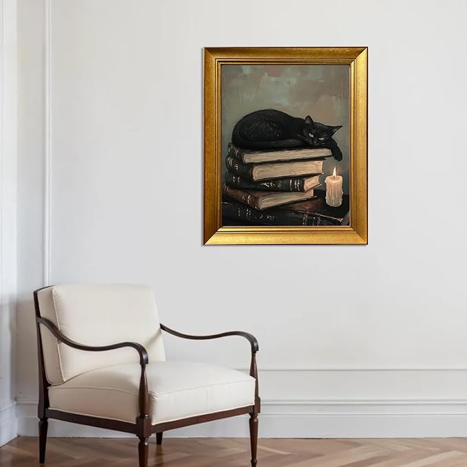 Framed Vintage Cat Wall Art for Bedroom Decor Antique Painting Black Cat Wall Art Canvas Print for Study Room Living Room Home Decor Aesthetic