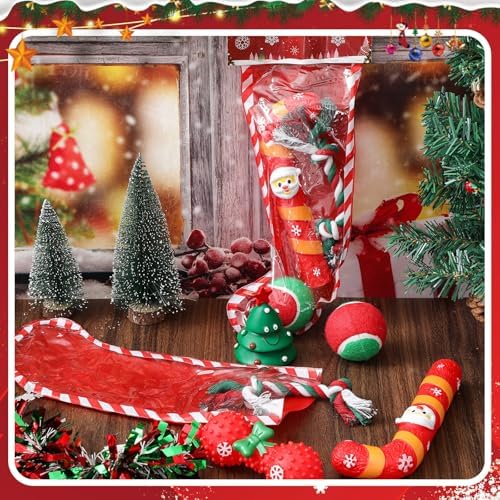 Shappy 2 Sets 8 Pcs Christmas Dog Stocking Toys with Squeaky Dog Toys, Santa Cane, Tennis Ball, Xmas Tree, Rope, Bone, Xmas Stocking Pet Set, Interactive Pet Gifts