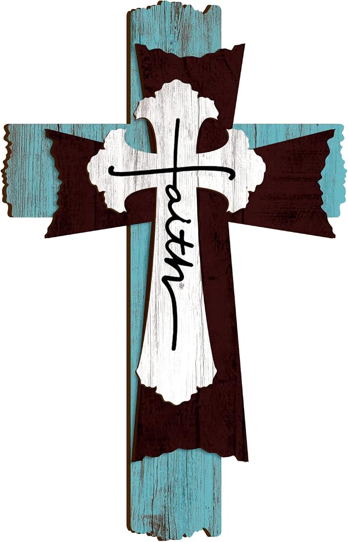 Yookeer Large Wooden Christian Wall Cross Religious Decor Art Wood Wall Cross Hanging Rustic Multi Layered Weathered Look Spiritual Sculpture for Church Home Farmhouse Indoor Outdoor