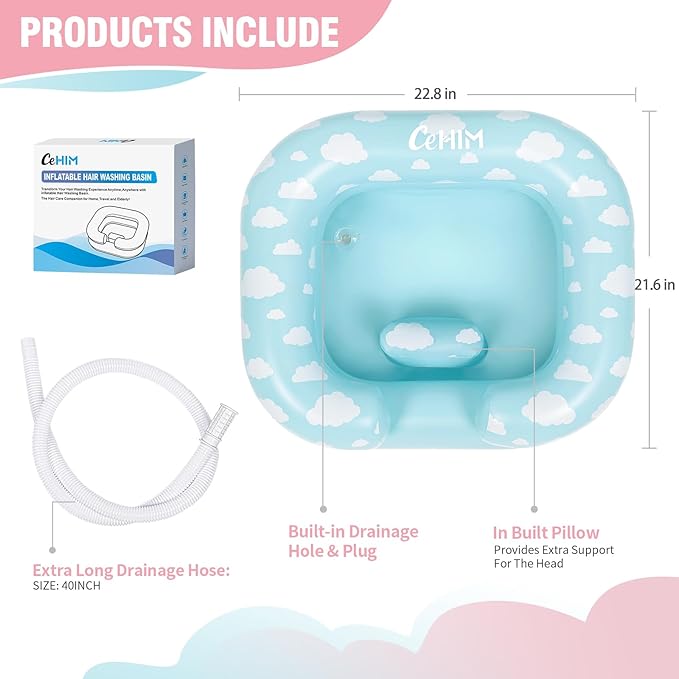 Inflatable Shampoo Basin for Kids - Hair Washing Basin for Children,Teens,Toddler With Neck Support, Portable Shampoo Bowl for use In Bed,on Bathtub,On Floor,or Sink,Tear-Free Rins
