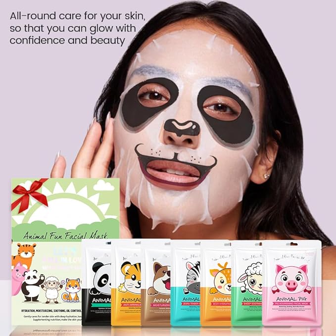evpct 7-Pack Animal Sheet Face Facial Masks for Women Skincare Spa, Facial Spa Day Slumber Sleepover Birthday Party Favors Supplies Kit, Natural Ingredients, Hydrate and Soothe for All Skin Types