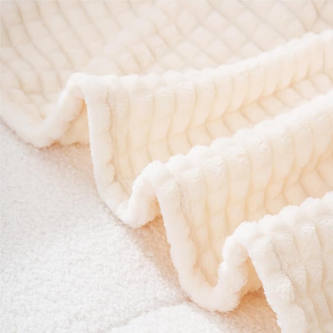 Puncuntex Fleece Blanket Cream White 90"×90" with Square Grid Design | Super Soft Plush Cozy Flannel Throw Blanket Luxury for Couch Sofa Chair